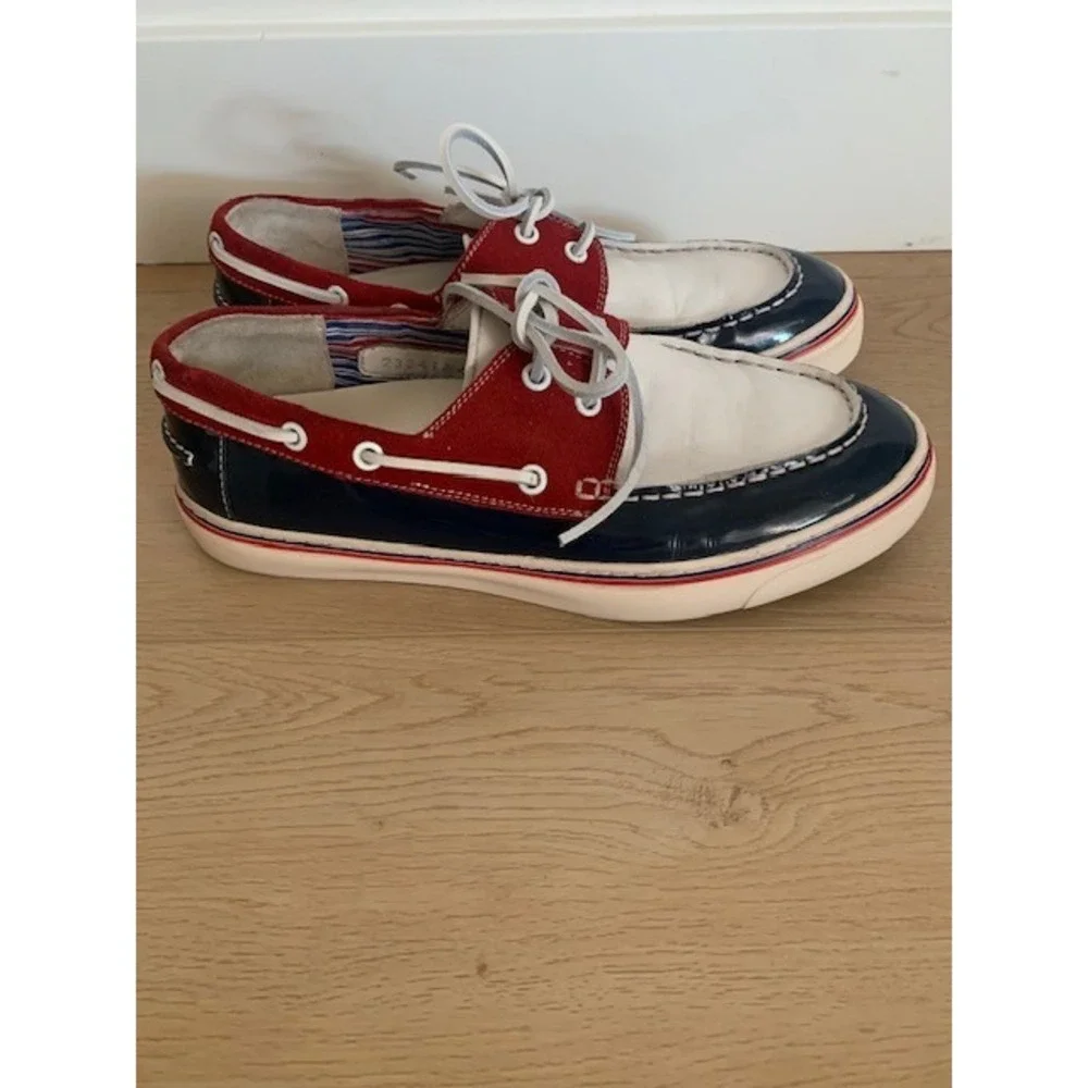 Gucci Mens Boat Shoes 232417 Red White Navy Patent Leather Suede Deck Shoes 9.5